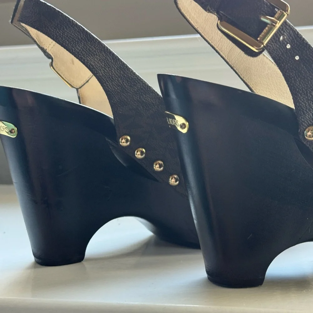 MICHAEL Michael Kors Platform Wedge Brown Monogram Gold Stud Slingback